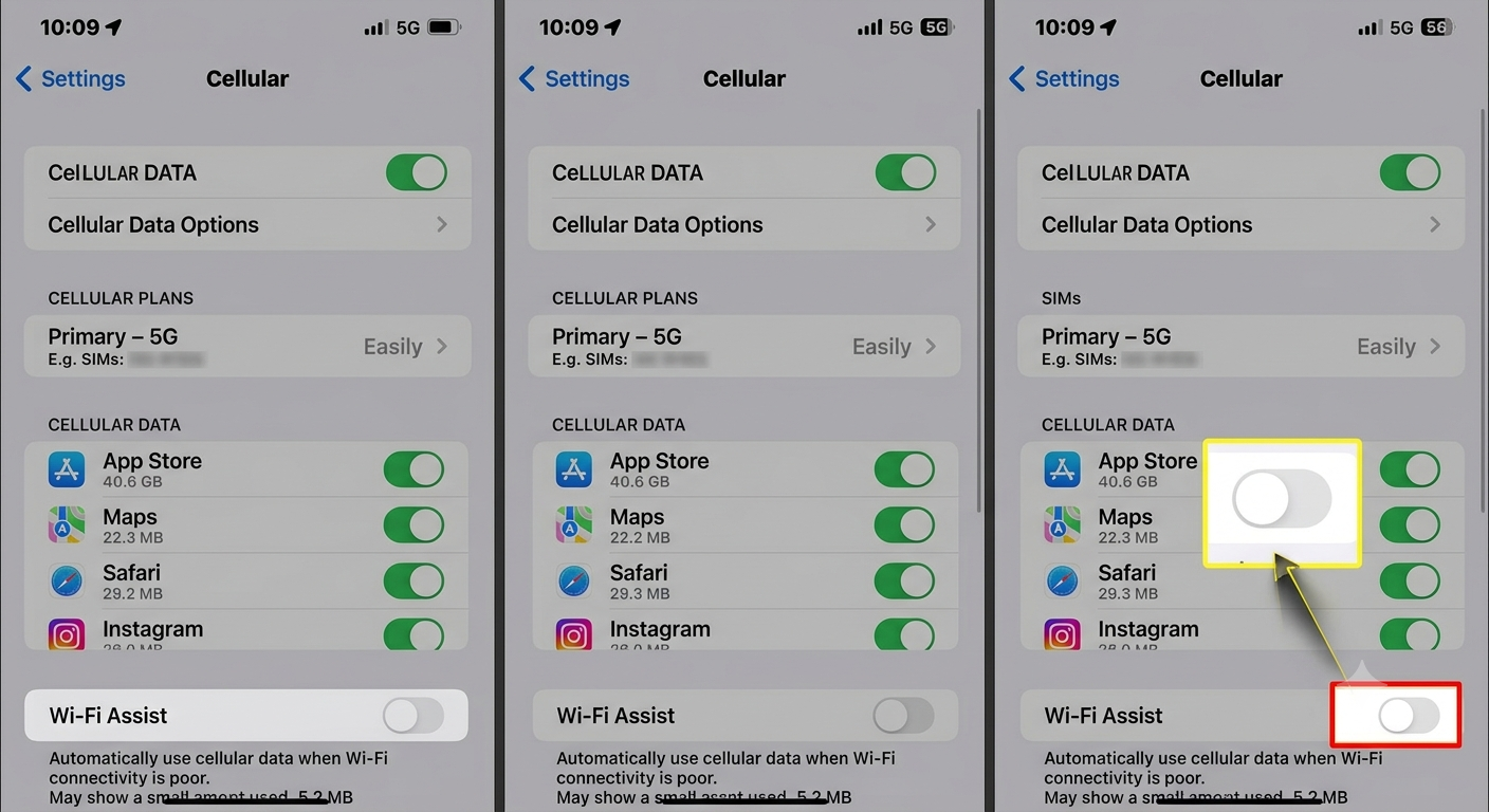 Disabling Wi-Fi Assist to save mobile data on iPhone