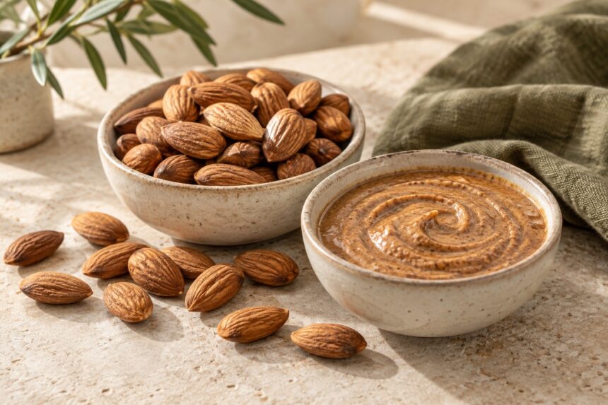 Almonds arranged as an editorial food still life