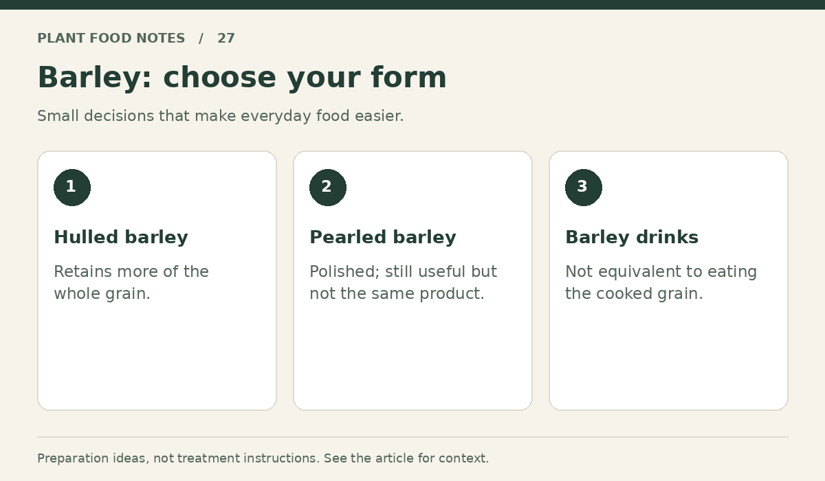 Barley: Hulled barley: Retains more of the whole grain.; Pearled barley: Polished; still useful but not the same product.; Barley drinks: Not equivalent to eating the cooked grain.