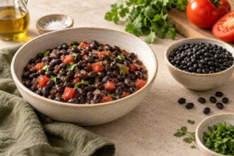 Black beans arranged as an editorial food still life