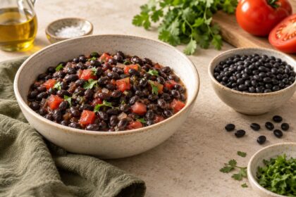 Black beans arranged as an editorial food still life