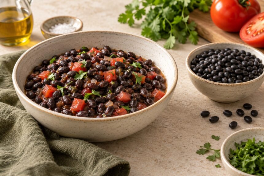 Black beans arranged as an editorial food still life