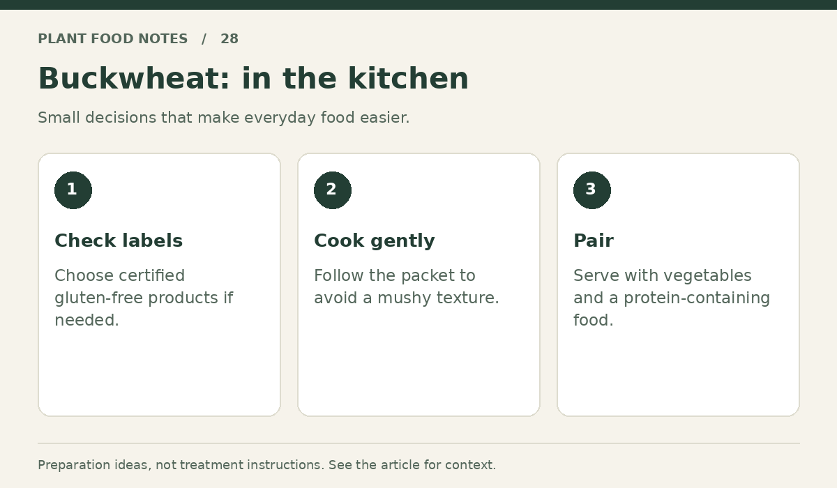 Buckwheat: Check labels: Choose certified gluten-free products if needed.; Cook gently: Follow the packet to avoid a mushy texture.; Pair: Serve with vegetables and a protein-containing food.