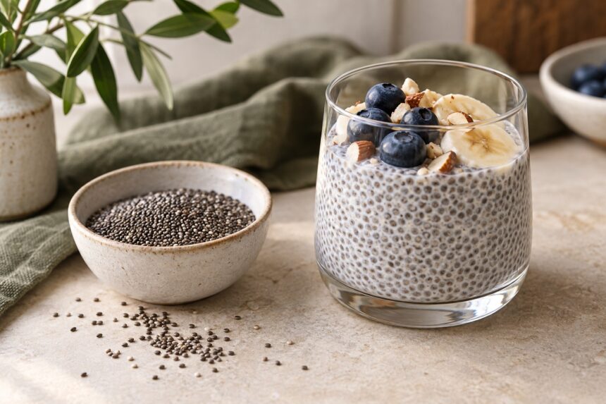 Chia seeds arranged as an editorial food still life