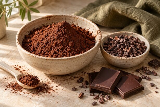 Cocoa and dark chocolate arranged as an editorial food still life