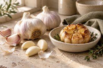 Garlic arranged as an editorial food still life
