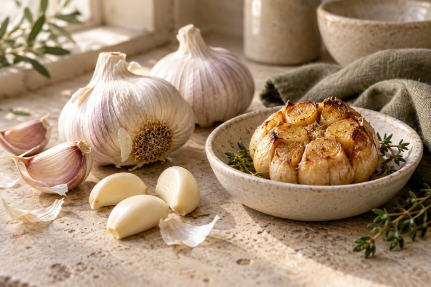 Garlic arranged as an editorial food still life