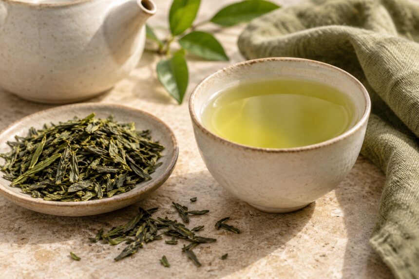 Green tea arranged as an editorial food still life
