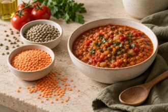 Lentils arranged as an editorial food still life