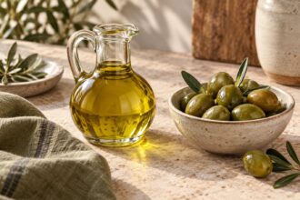 Extra-virgin olive oil arranged as an editorial food still life