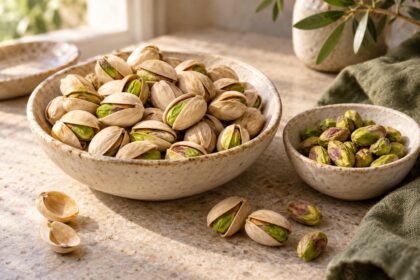 Pistachios arranged as an editorial food still life