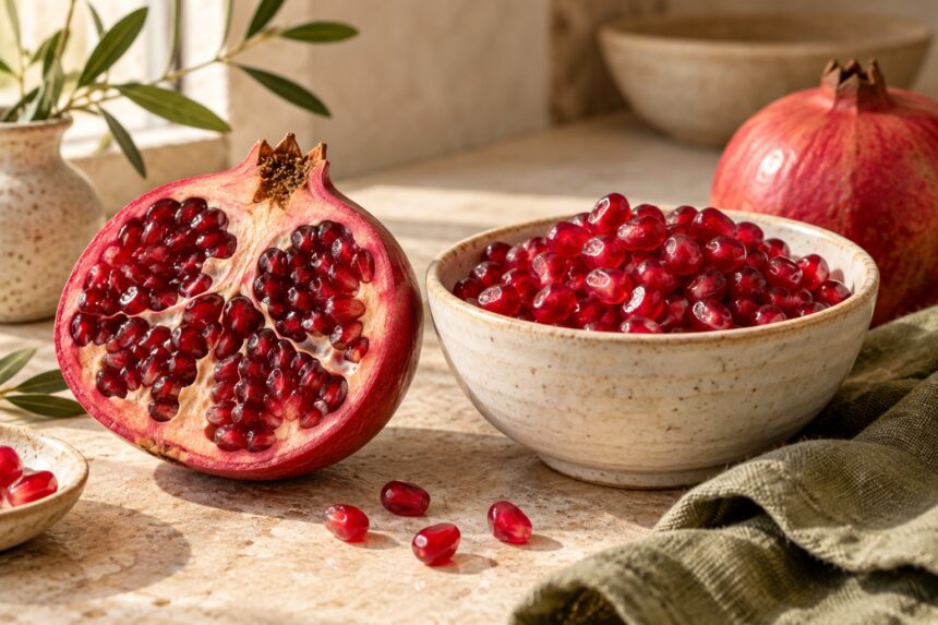 Pomegranate arranged as an editorial food still life