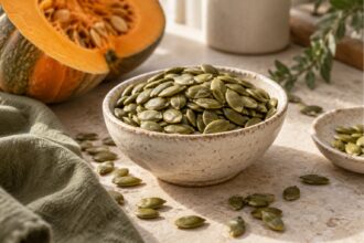 Pumpkin seeds arranged as an editorial food still life