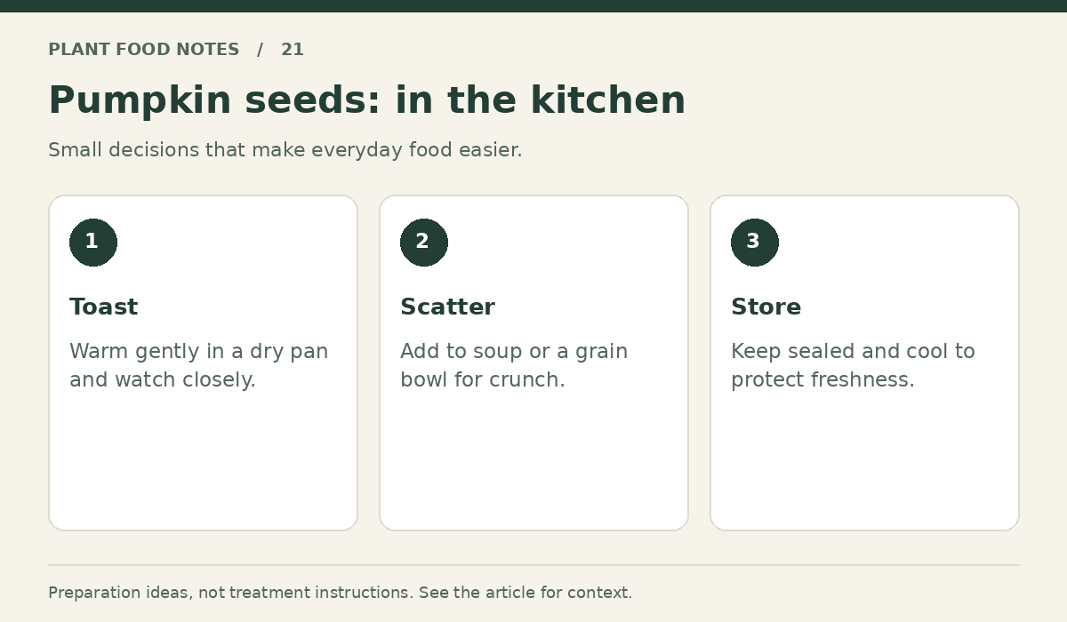 Pumpkin seeds: Toast: Warm gently in a dry pan and watch closely.; Scatter: Add to soup or a grain bowl for crunch.; Store: Keep sealed and cool to protect freshness.