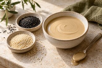 Sesame and tahini arranged as an editorial food still life