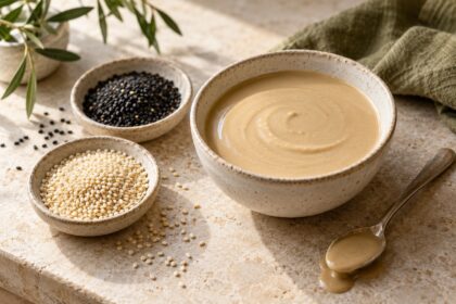 Sesame and tahini arranged as an editorial food still life