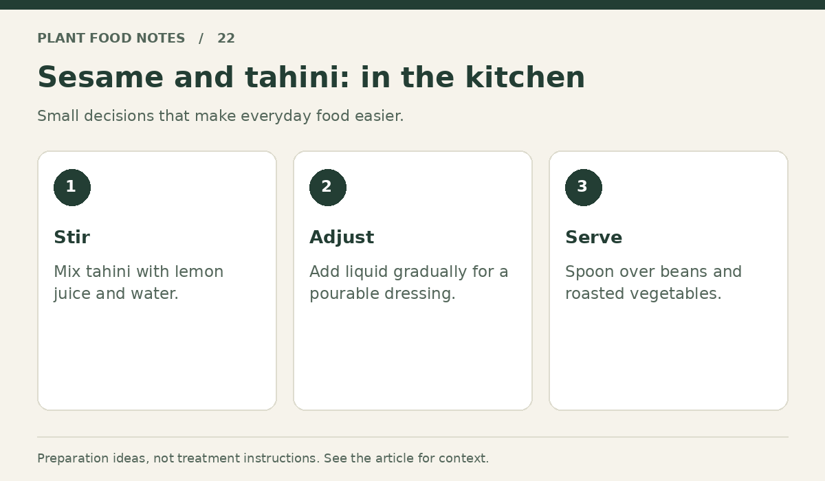 Sesame and tahini: Stir: Mix tahini with lemon juice and water.; Adjust: Add liquid gradually for a pourable dressing.; Serve: Spoon over beans and roasted vegetables.