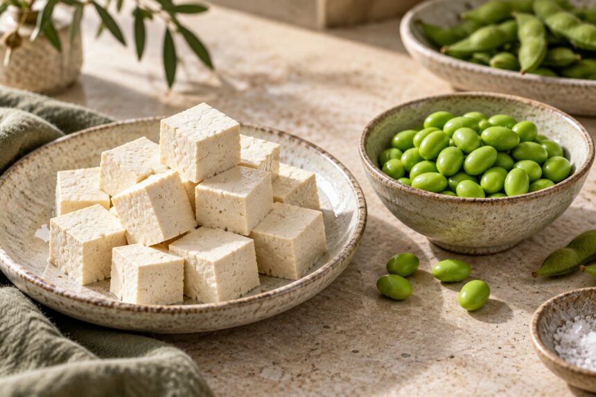 Soy foods arranged as an editorial food still life