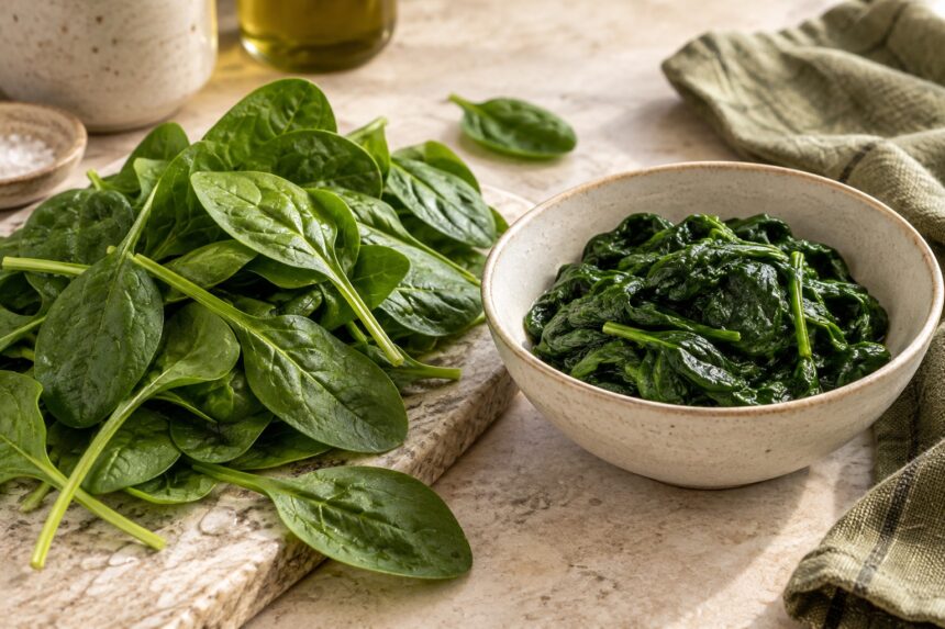 Spinach arranged as an editorial food still life