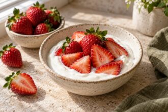 Strawberries arranged as an editorial food still life