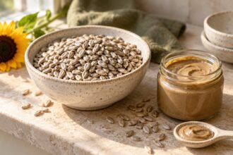 Sunflower seeds arranged as an editorial food still life