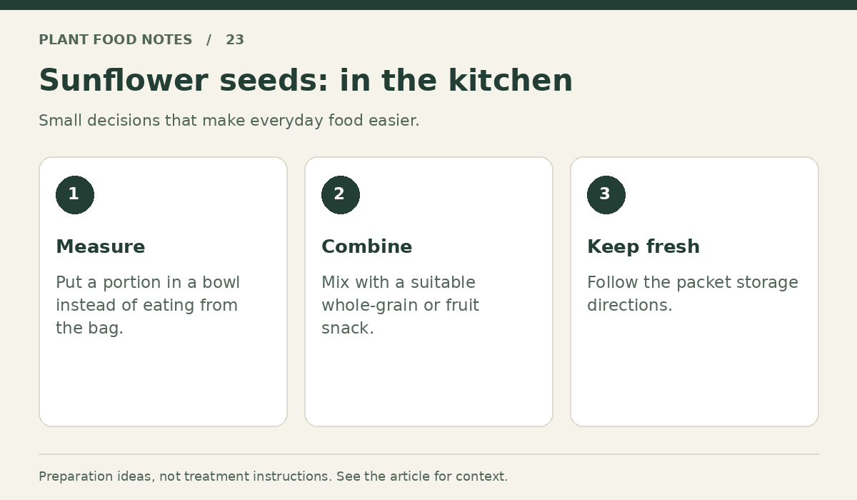 Sunflower seeds: Measure: Put a portion in a bowl instead of eating from the bag.; Combine: Mix with a suitable whole-grain or fruit snack.; Keep fresh: Follow the packet storage directions.