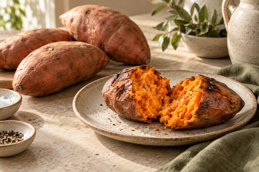 Sweet potatoes arranged as an editorial food still life