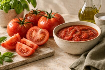 Tomatoes arranged as an editorial food still life